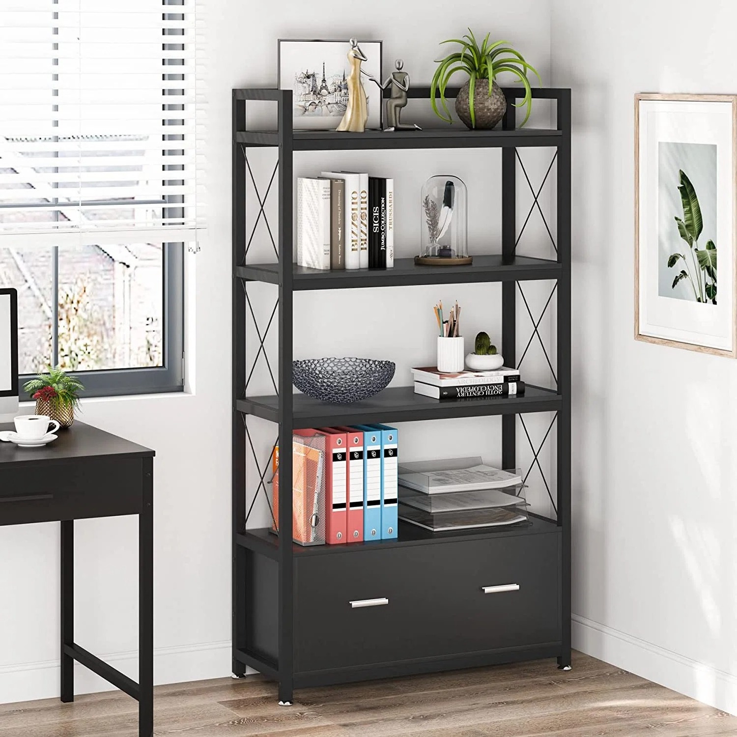 Modern Home Office Steel Wood Filing Cabinet with Open Storage Shelves Bookcase Living Room Kitchen Display Shelf