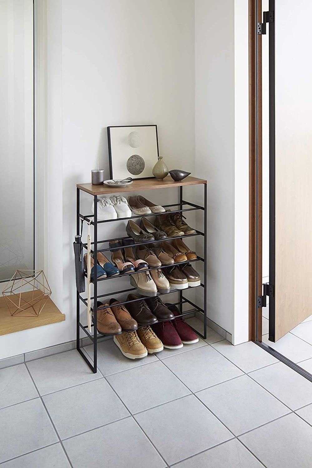 Industrial-Style Large 5-Tier Metal Shoe Rack for Living Room Sturdy Wooden Multi-Layer Storage Cabinet