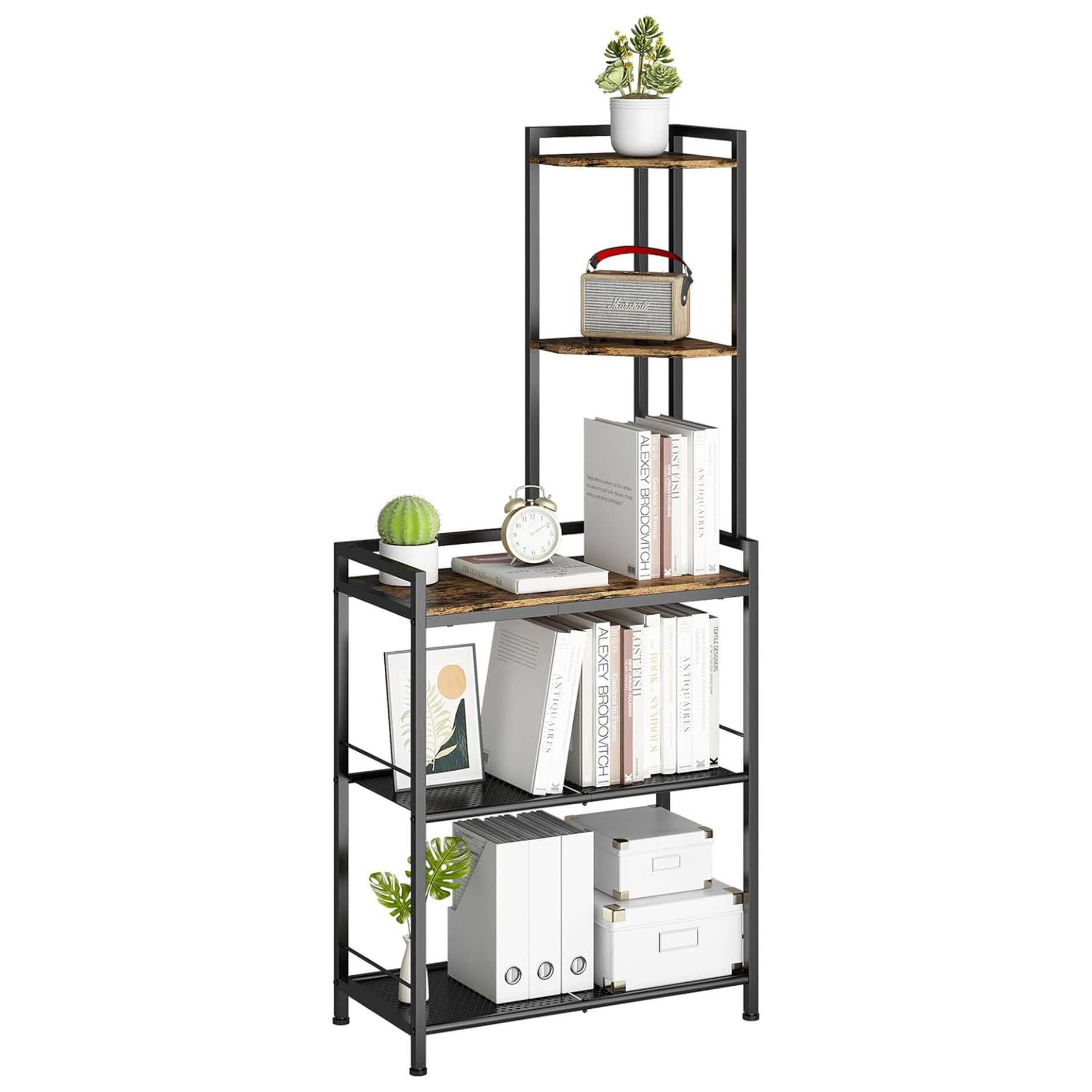 Modern 5-Tier Freestanding Corner Shelf Stand Tall Storage Organizer Rack for Living Room Bedroom & Office Bookshelf Unit