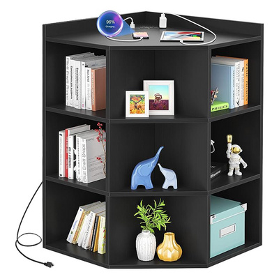 Living Room Corner Cabinet Storage with USB Port Outlets Corner Cube Toy Storage for Small Space Wooden Cubby Bookshelf Bookcase