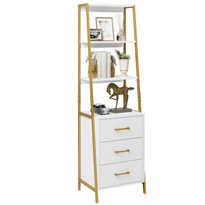 Modern Luxury 4 Tier Vertical Ladder Tall Bookshelf with Wooden Drawers Storage Display Cabinet for Living Room Entryway