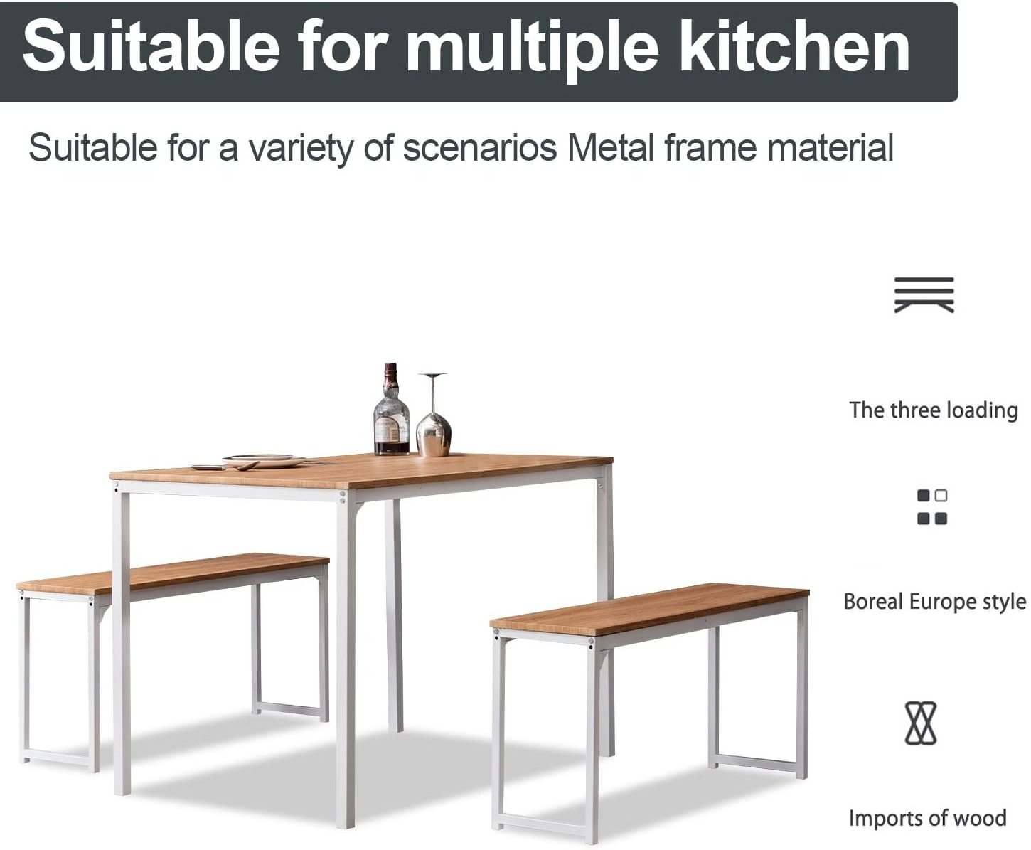 Kitchen Table Set with Two Benches Dining Table Small Apartment Square Dinner steel Wood Lunch dining Tables Chair Set