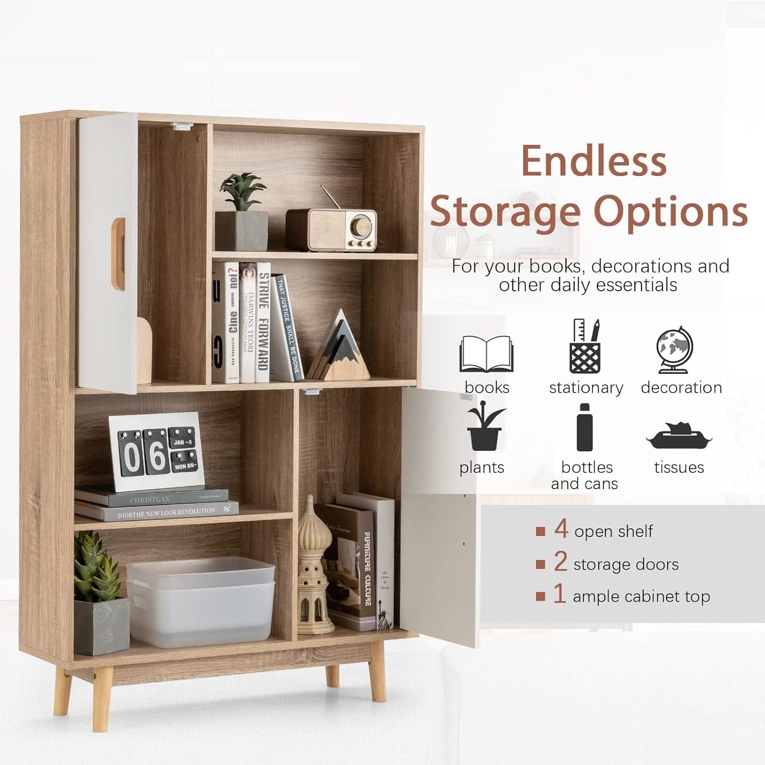 Wooden Storage Cube Organizer 4-Tier Bookshelf Tall Cupboard Bedroom Living Room Home Floor Storage Cabinet