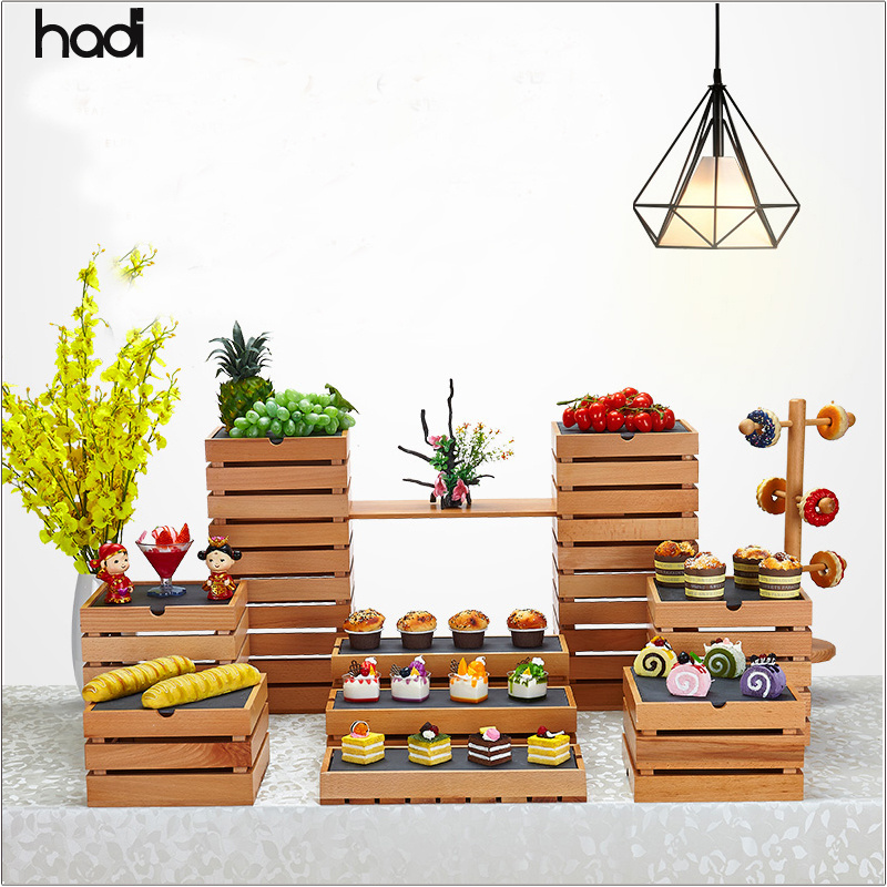 HD table top buffet elevation high tea cake display stands combined floor dessert display set sapele wooden black square risers