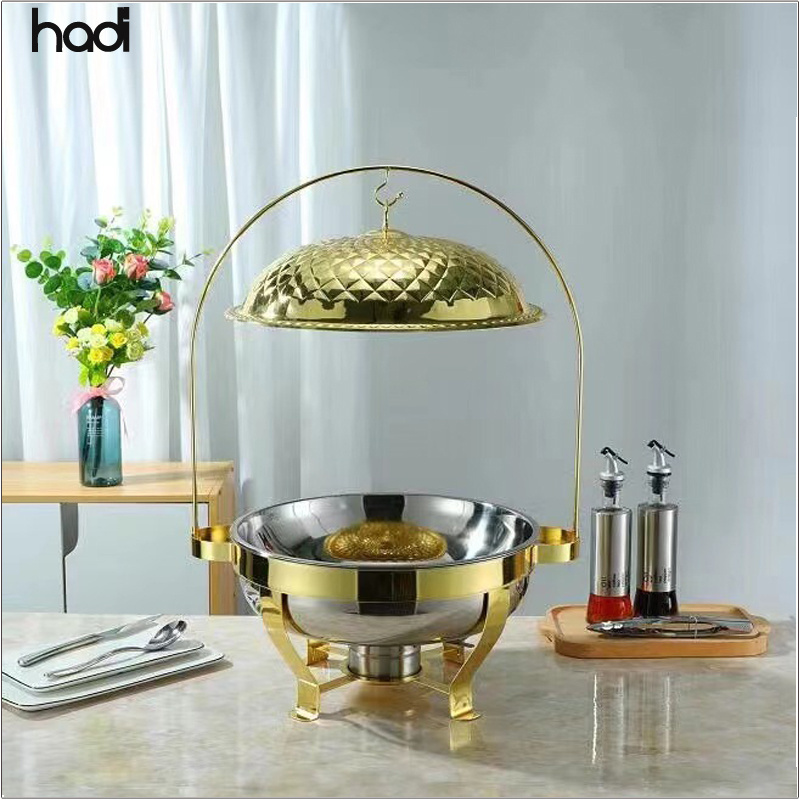 Catering roll top chaffing set gold plated food warmer buffet furnace golden color brass shaffing dish hanging gold chafing dish