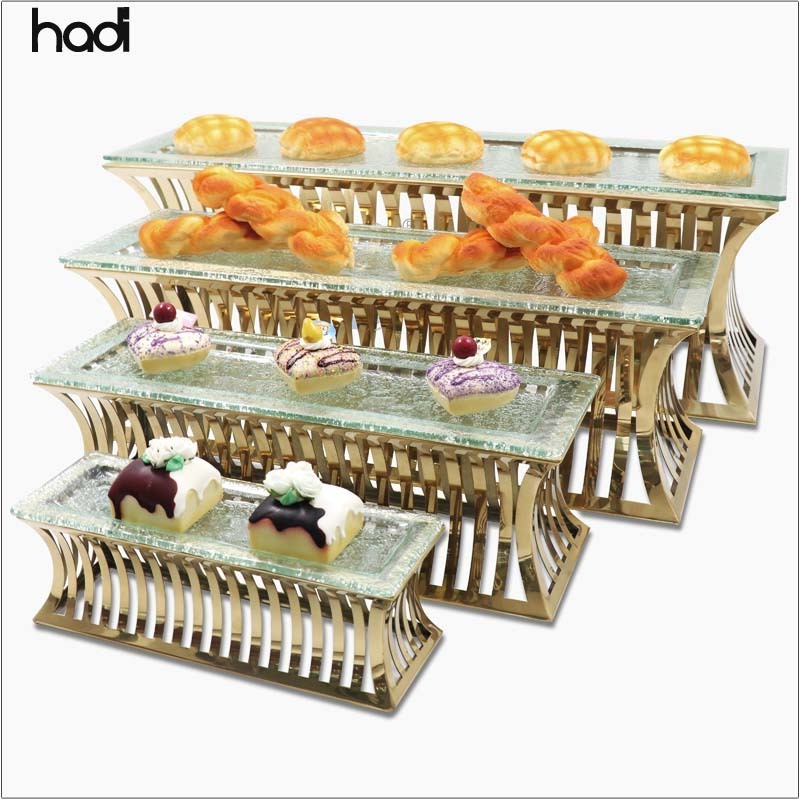 Unique stainless steel food display stand rectangular afternoon tea stand modern gold buffet decorative food elevation catering