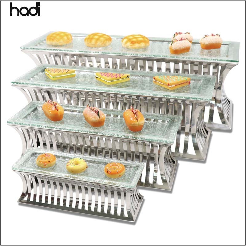 Unique stainless steel food display stand rectangular afternoon tea stand modern gold buffet decorative food elevation catering