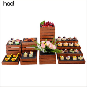 Buffet catering services arabic stand wood floor display rack natural sapele wood material combination snack stand for elevation