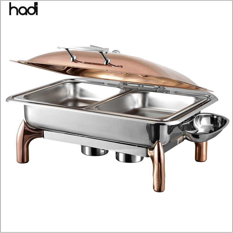 Guangzhou economic oblong roll top hotel restaurant banquet indian copper serving dishes hydraulic chafer food warmer buffet set