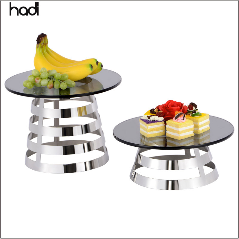 Wedding decoration materials modern stainless steel buffet elevation catering display stands with black glass platter