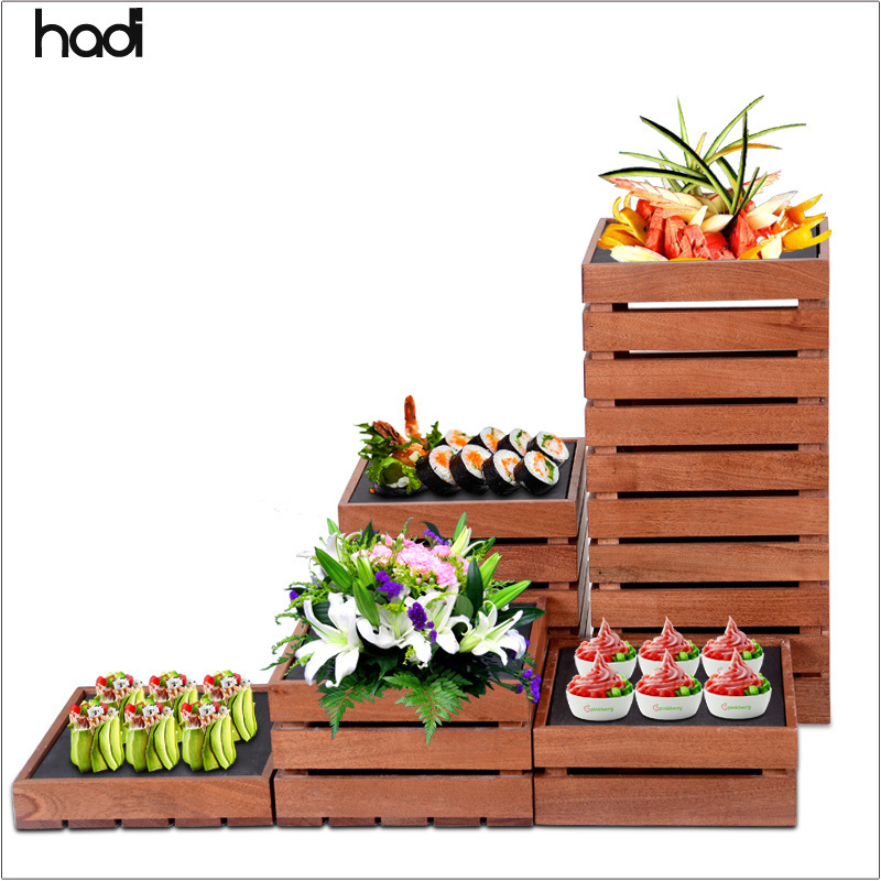 Buffet catering services arabic stand wood floor display rack natural sapele wood material combination snack stand for elevation