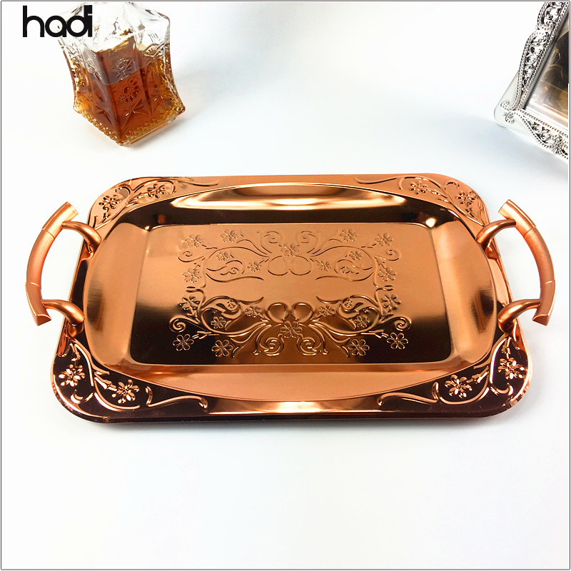 Guangzhou HADI rectangle serving tray steel copper catering plates luxury serving trays metal buffet server and warmer food tray