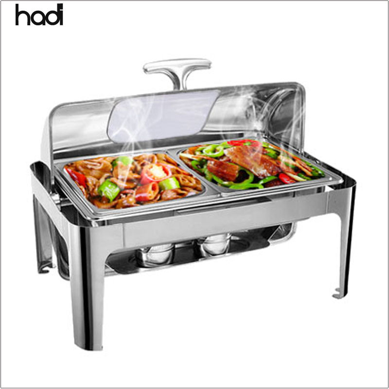 Restaurant ordering 9l  oblong roll top chafing dish high quality stainless steel hotel used chafing dishes with glass window