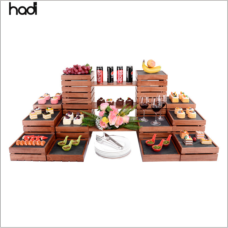 Saudi Arabic catering material wooden combined food stand and risers ,modern dessert buffet display racks for sale