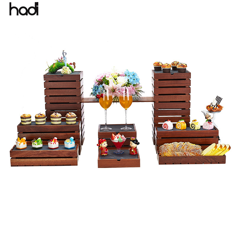 HD table top buffet elevation high tea cake display stands combined floor dessert display set sapele wooden black square risers