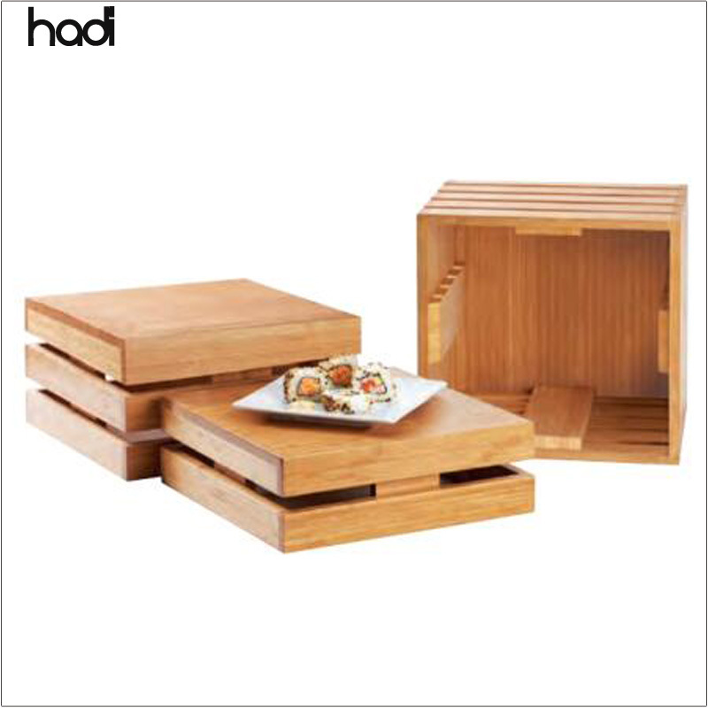 Hadi Whole Sale Rectangle Buffet Table Risers Natural Wood Floor Display Rack Catering Hotel Use Modern Decorative Food