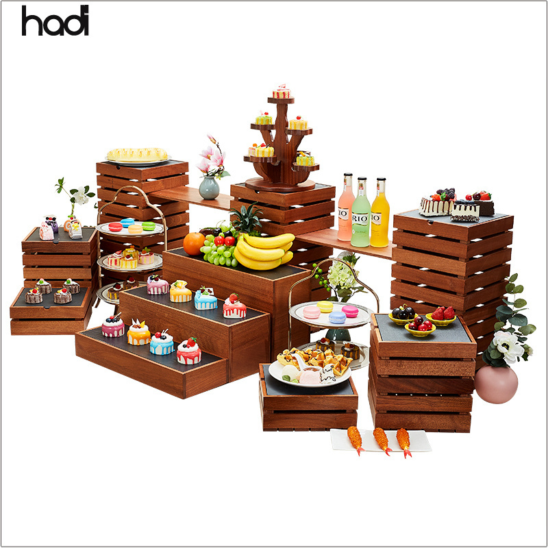 HD table top buffet elevation high tea cake display stands combined floor dessert display set sapele wooden black square risers