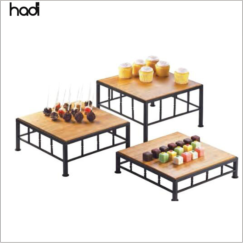 Buffet catering services arabic stand wood floor display rack natural sapele wood material combination snack stand for elevation