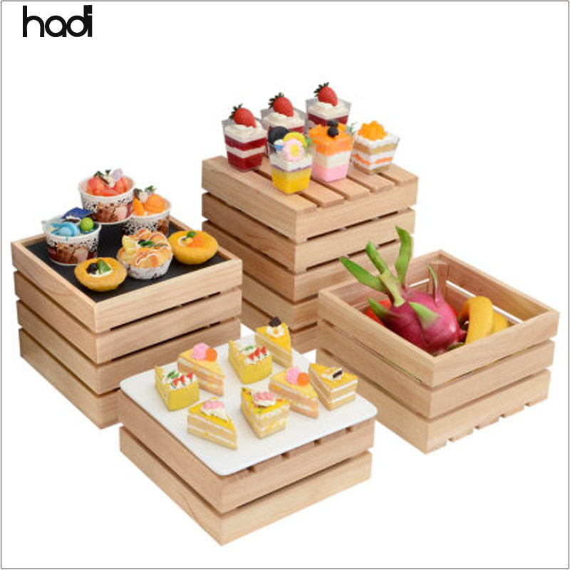 Hadi Whole Sale Rectangle Buffet Table Risers Natural Wood Floor Display Rack Catering Hotel Use Modern Decorative Food