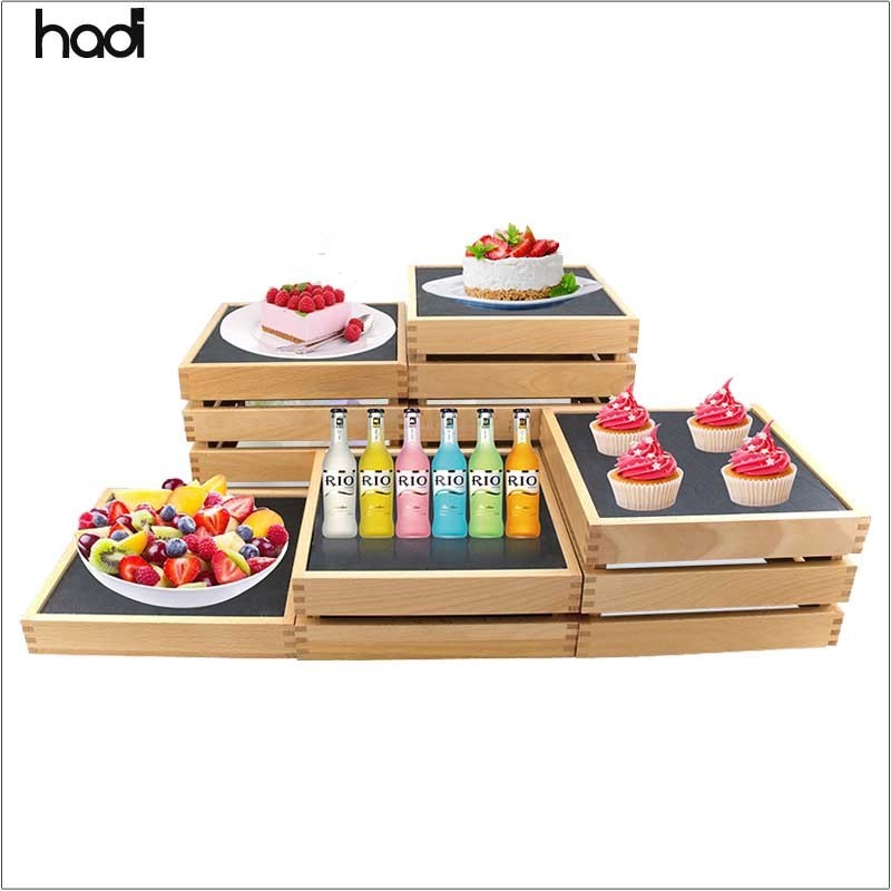 Buffet catering services arabic stand wood floor display rack natural sapele wood material combination snack stand for elevation