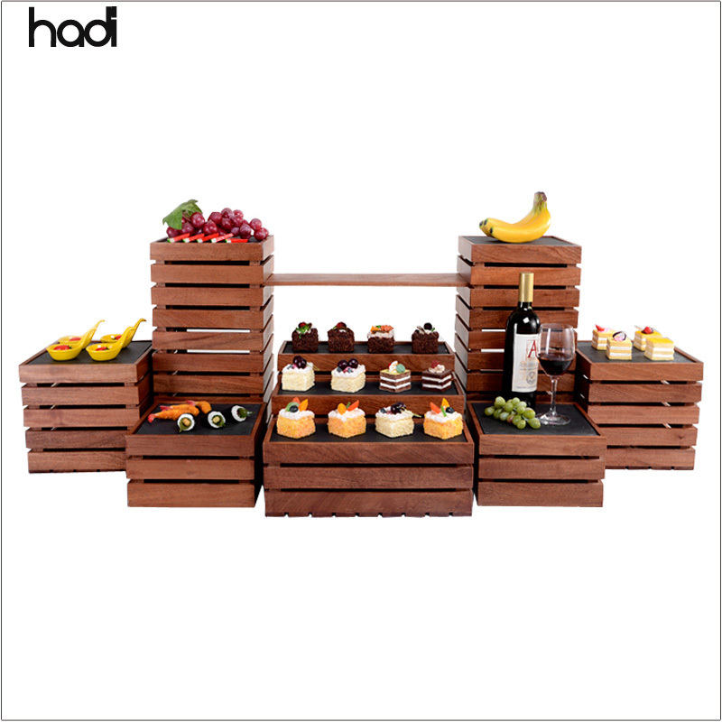 HADI Wholesale Wooden Buffet Elevations Sapele Rectangle Display Rack for Restaurant Catering for Wood Floor Tableware