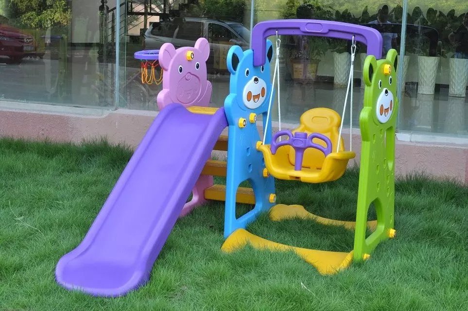 Wholesale China popular design Kindergarten playgrounds baby plastic slide with swing set 3 in1 for sale