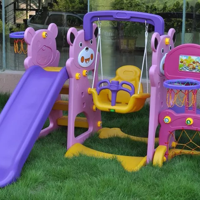 Wholesale China popular design Kindergarten playgrounds baby plastic slide with swing set 3 in1 for sale