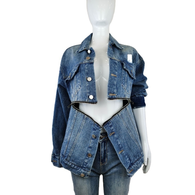 OEM high quality denim jacket for women factory custom fashion design ripped zipper new style blue denim jacket