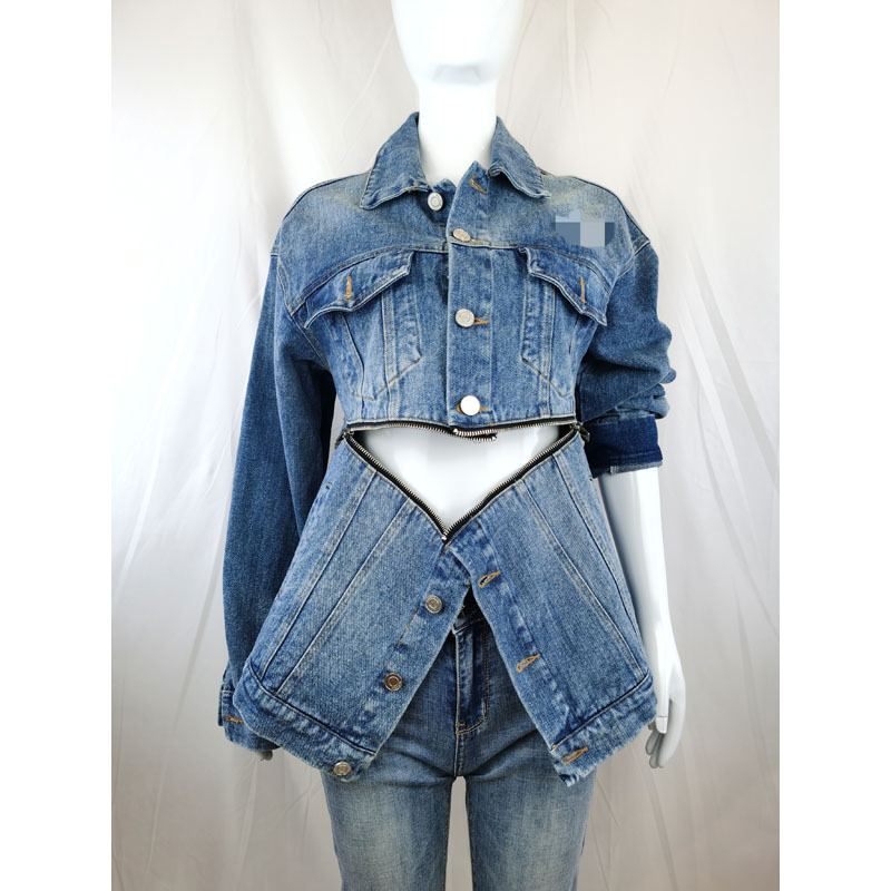 OEM high quality denim jacket for women factory custom fashion design ripped zipper new style blue denim jacket