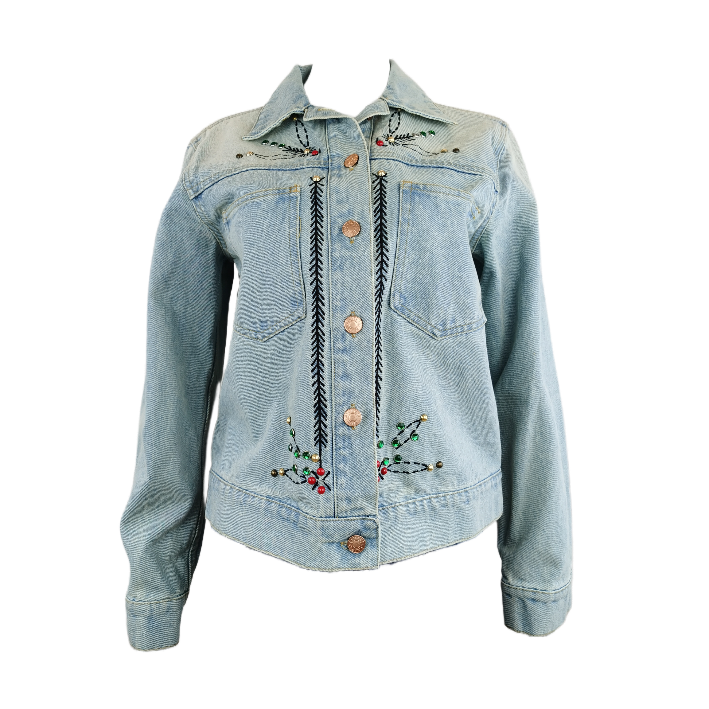 Customized Embroidered and beaded 100% cotton nail bead jeans jacket for women