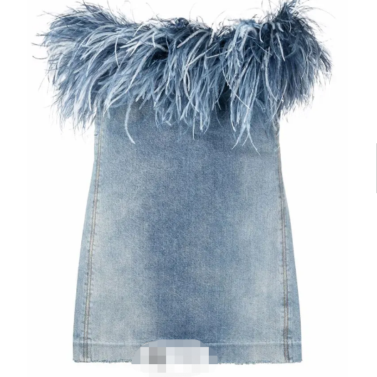 Wholesale Strapless Off Shoulder Ostrich Cotton Slim Feather Denim Dress Skirt For Women Ladies