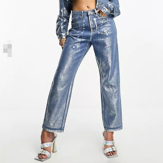 Denim Jeans Manufacturer Cool Ladies High Waist Silver Foil Coating Mom Jeans