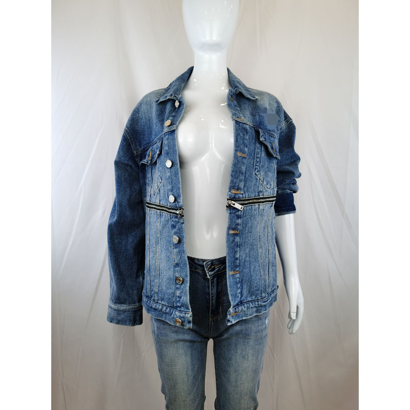 OEM high quality denim jacket for women factory custom fashion design ripped zipper new style blue denim jacket