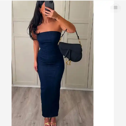 Sexy Strapless Backless Zipper Split Party Blue Denim Female Long Dress For Women Summer Evening Clothes