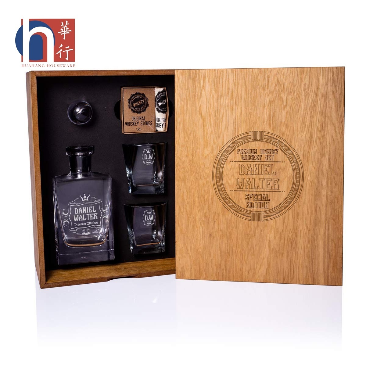 Custom Engraved Personalized Whiskey Decanter Set with Whisky Cooling Stones and Rock Glasses in Wooden Storage Box