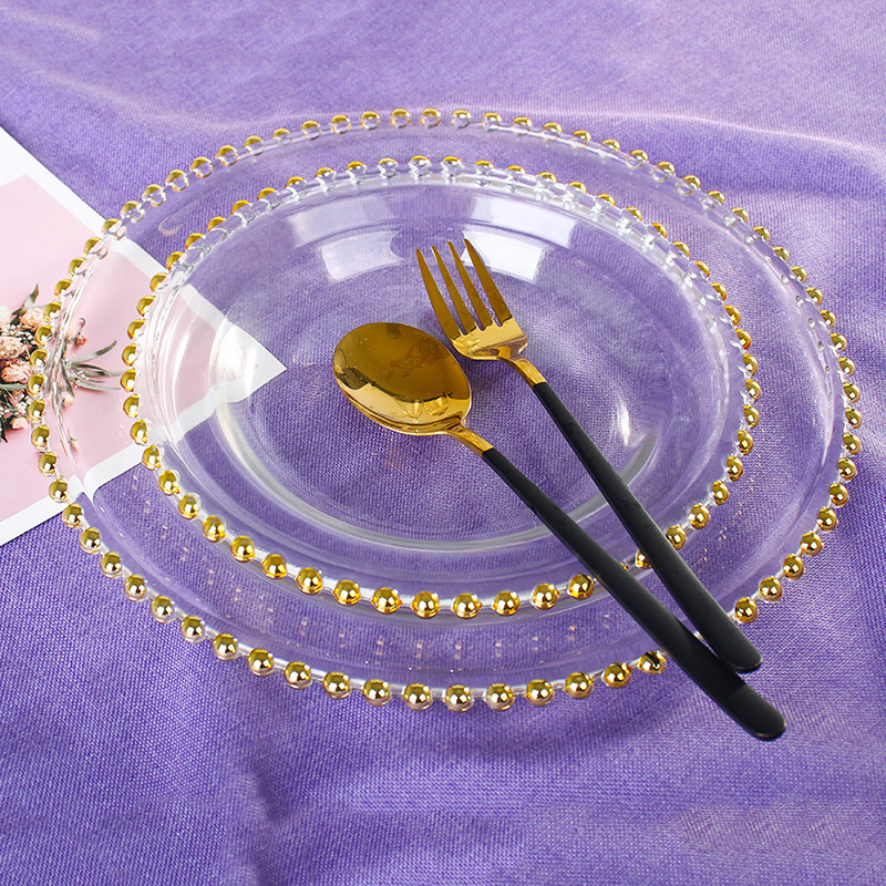 hot seller round gold rim clear dinner wedding glass gold beaded charger plate