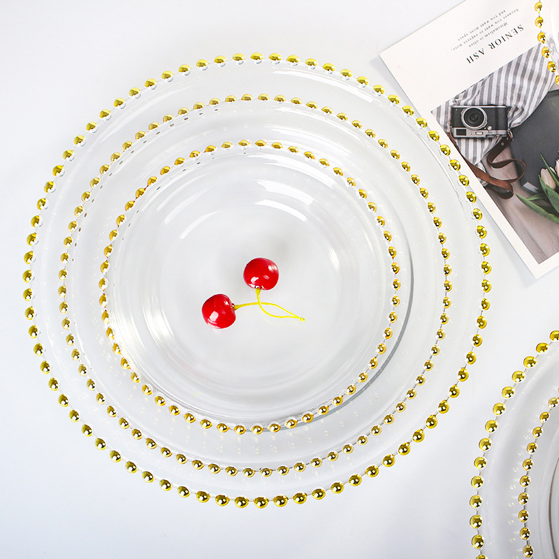 hot seller round gold rim clear dinner wedding glass gold beaded charger plate