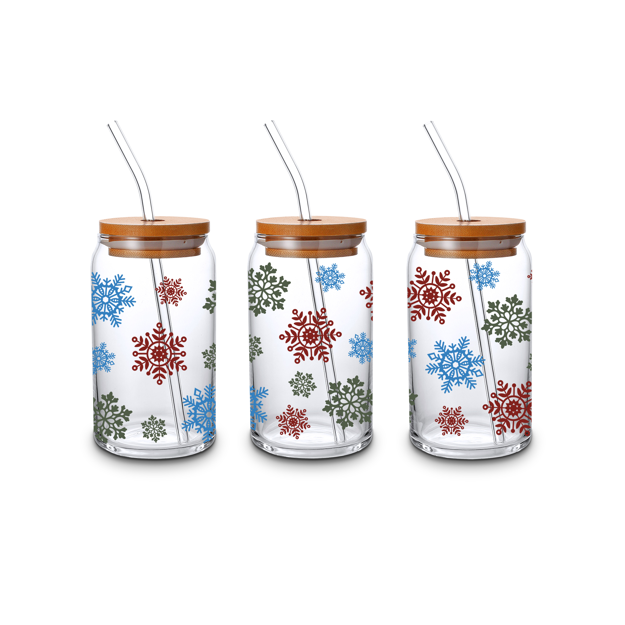 Beautiful Snowflakes UV Print Custom Libbey Glass Cup Glasses Beer Can Glass with Bamboo Lid and Straws,16-Ounce