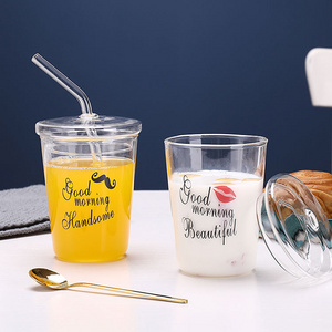 hot seller mr and mrs coffee mugs custom high borosilicate glass suction cup takeaway mug cup with straw  Cover