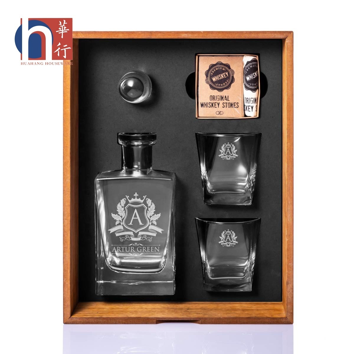 Custom Engraved Personalized Whiskey Decanter Set with Whisky Cooling Stones and Rock Glasses in Wooden Storage Box