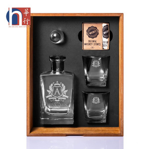 Custom Engraved Personalized Whiskey Decanter Set with Whisky Cooling Stones and Rock Glasses in Wooden Storage Box