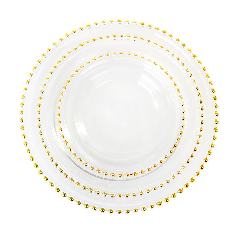 hot seller round gold rim clear dinner wedding glass gold beaded charger plate