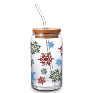 Beautiful Snowflakes UV Print Custom Libbey Glass Cup Glasses Beer Can Glass with Bamboo Lid and Straws,16-Ounce