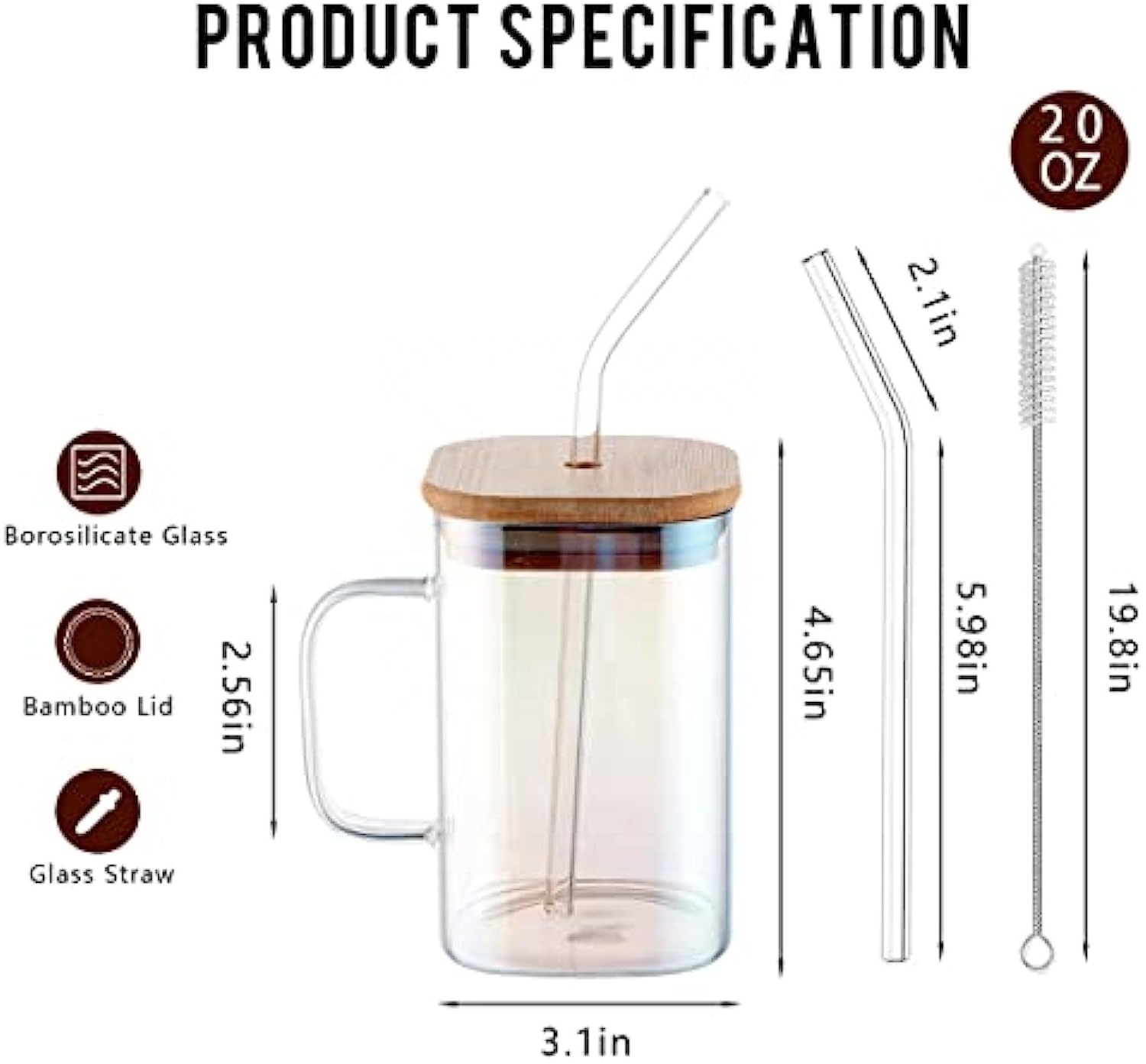 UV Print Sublimation Custom 20oz Square Coffee Glass Tumbler Mug Glass Cup with Lid and Straw