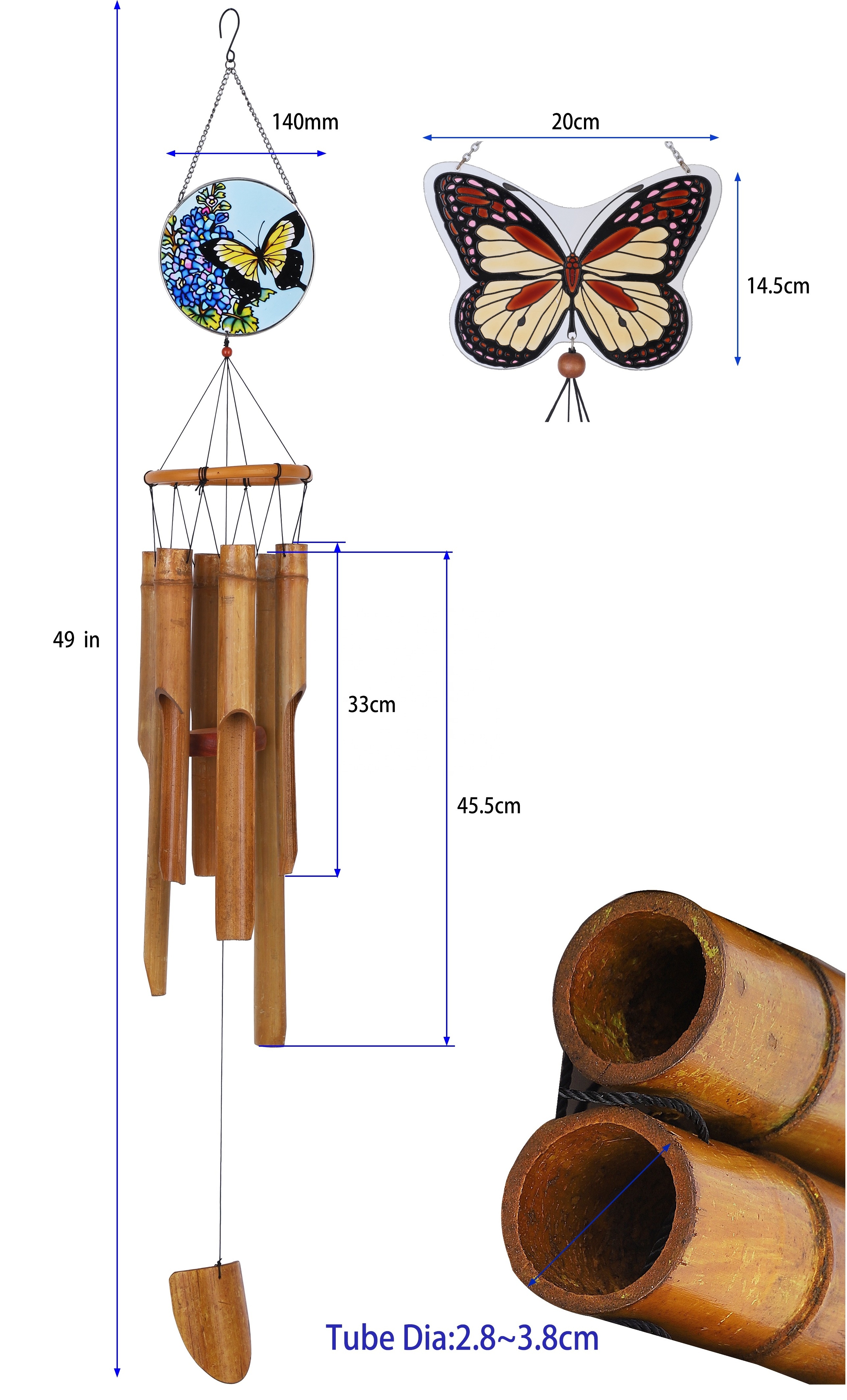 HF Chinese factory direct glass wind chimes with five bamboo tubes for relaxing sound