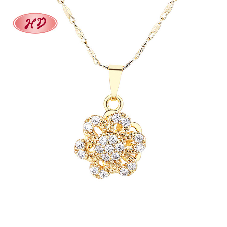 Fashion Hip Hop 3A Cubic Zirconia 18K Gold Filled Chain Jewellery Flower Charm Rotating Necklace For Women