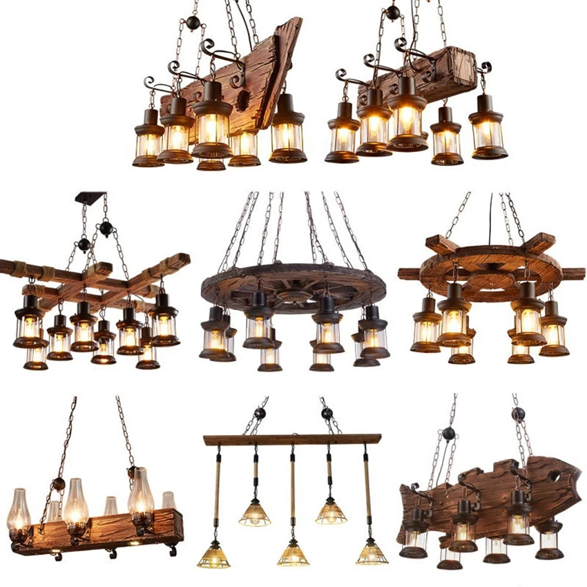 Rustic Industrial Retro Vintage Chandelier Hanging Lamp Bar Cafe Restaurant Antique Loft Old Boat Wooden Pendant Lights