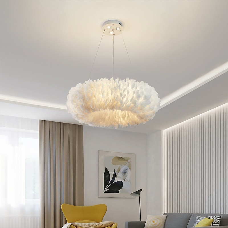 Nordic Drop LED Pendant Lights Bedroom Living Room Suspension Decor Hanging Lamps E27 Natural Swan Colorful Feather Chandelier