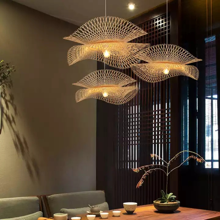 New Dropshipping Rattan LED Pendant Light for Dining Room Living Room Japanese Chandelier Straw Hat Chandelier Ceiling Light