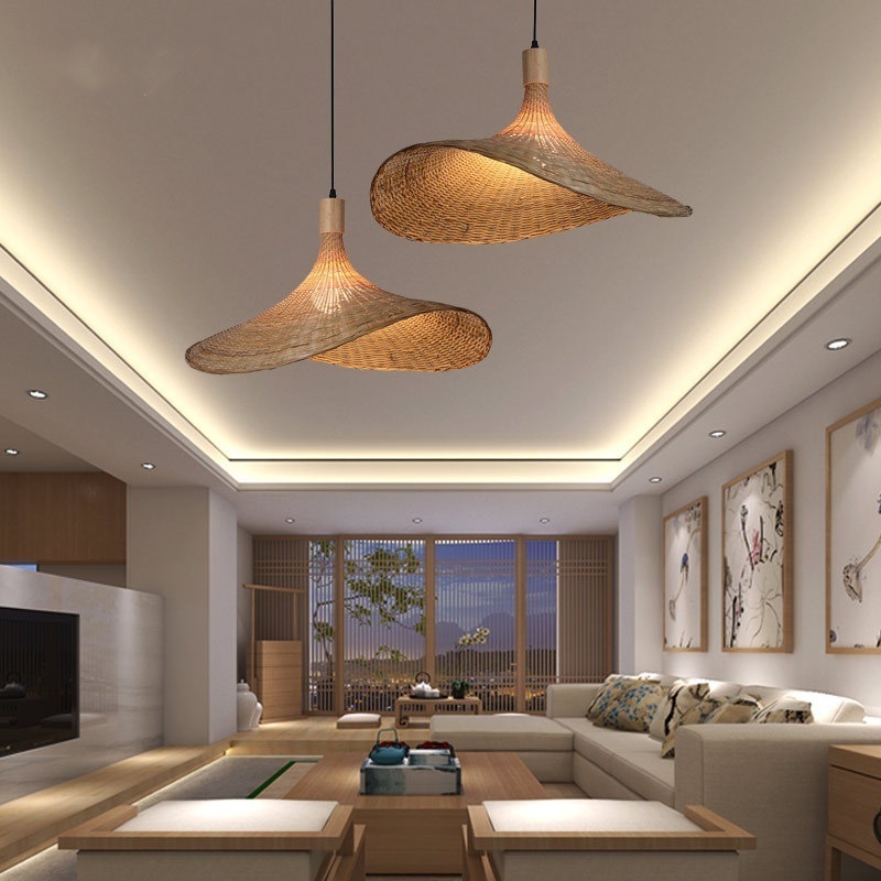 New Dropshipping Rattan LED Pendant Light for Dining Room Living Room Japanese Chandelier Straw Hat Chandelier Ceiling Light